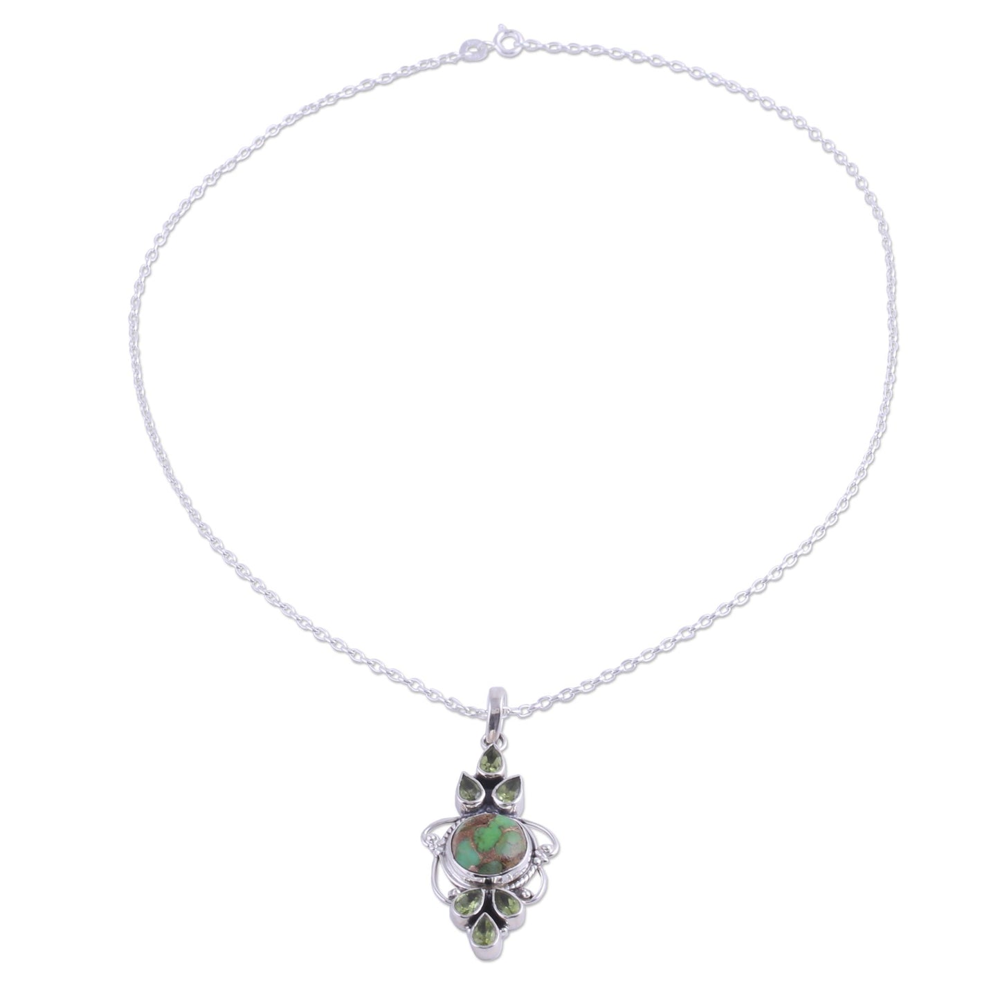 Glittering Green Peridot and Composite Turquoise Pendant Necklace from India