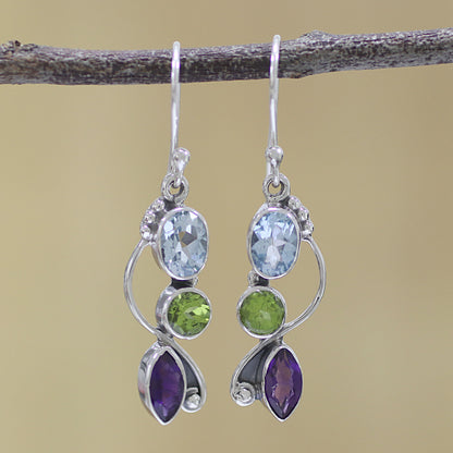 Shimmering Alliance Blue Topaz Peridot Amethyst Sterling Silver Dangle Earrings