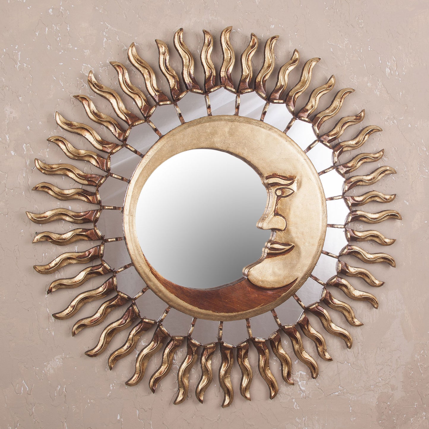 Cuzco Eclipse Sun and Moon Themed Bronze Leaf Wood Wall Mirror