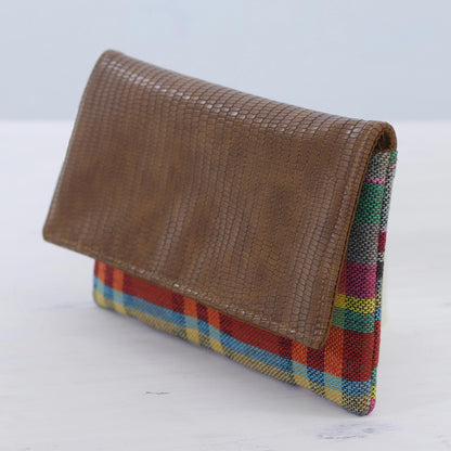 Vibrant Checks Leather Accent Cotton Clutch with Checks from India