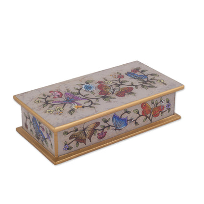 Butterfly Jubilee in Bone Reverse Painted Glass Butterfly Decorative Box in Bone