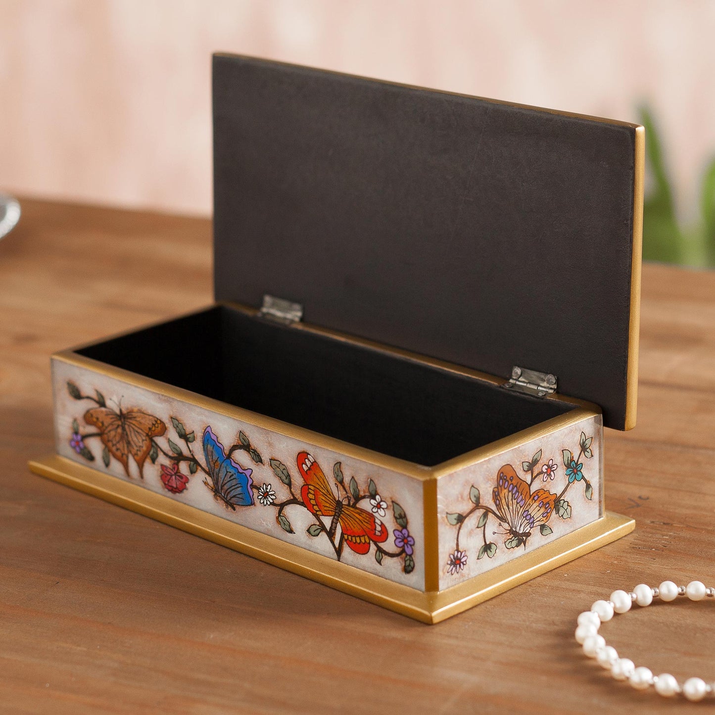 Butterfly Jubilee in Bone Reverse Painted Glass Butterfly Decorative Box in Bone