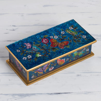 Butterfly Jubilee In Cyan Hand Carved Box