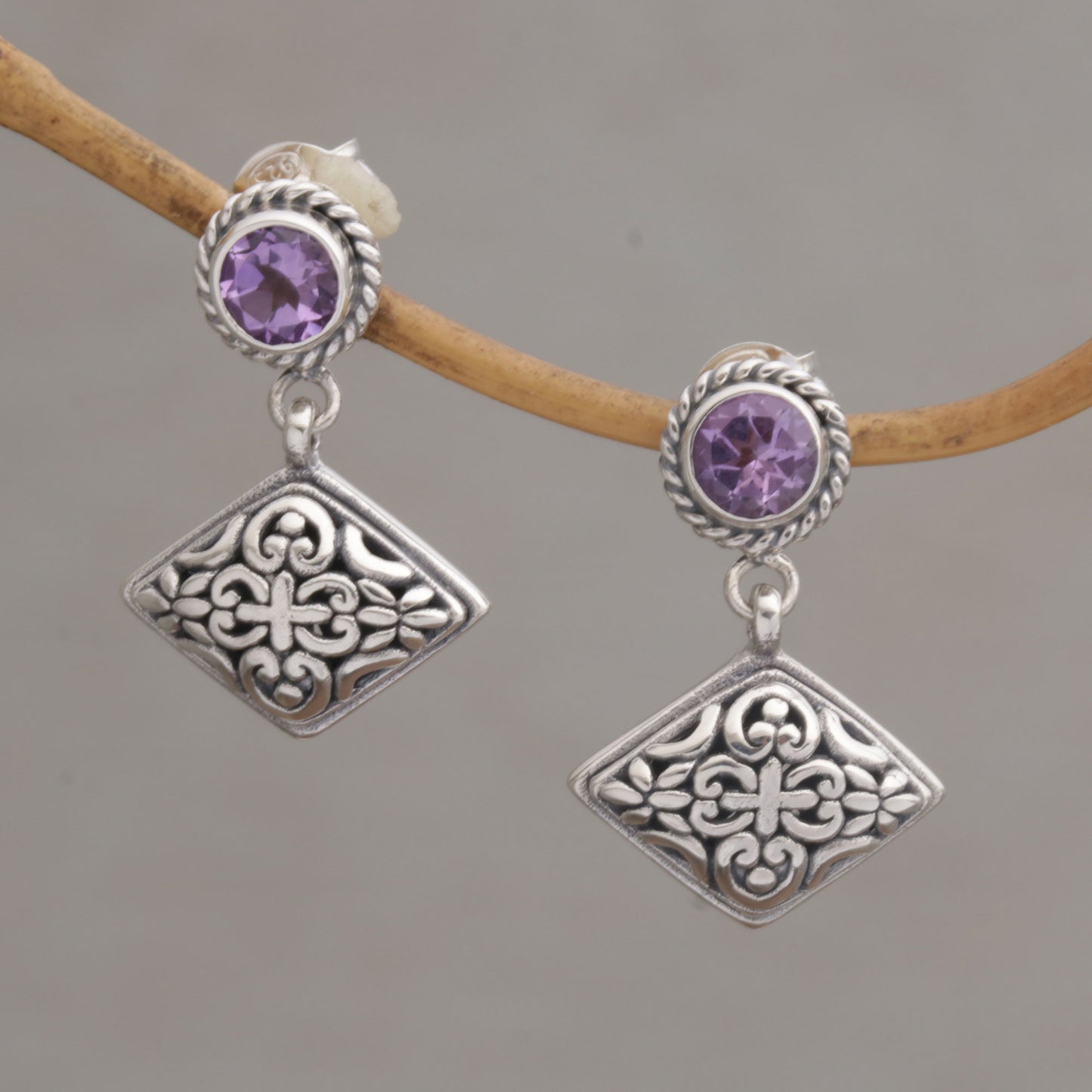 Diamond Dew Amethyst Dangle Earrings with Diamond Shapes from Bali