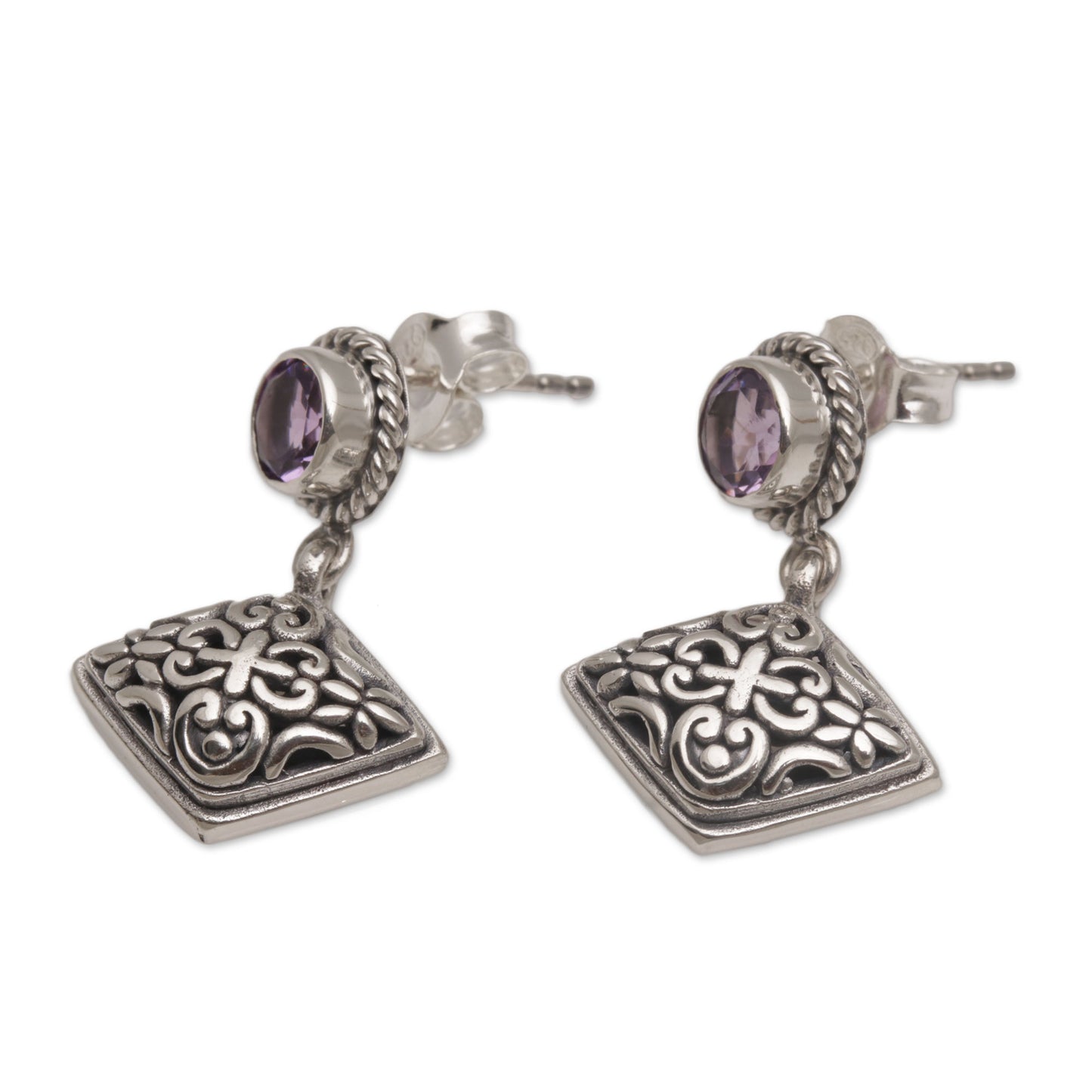 Diamond Dew Amethyst Dangle Earrings with Diamond Shapes from Bali