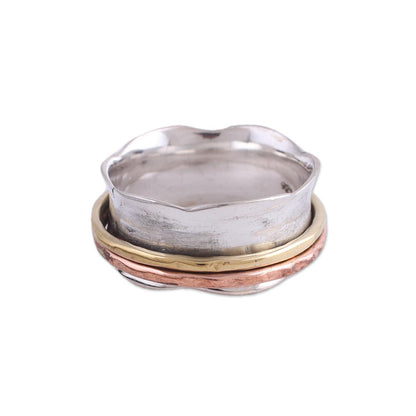 Wavy Cyclone Sterling Silver Copper and Brass Spinner and Meditation Ring