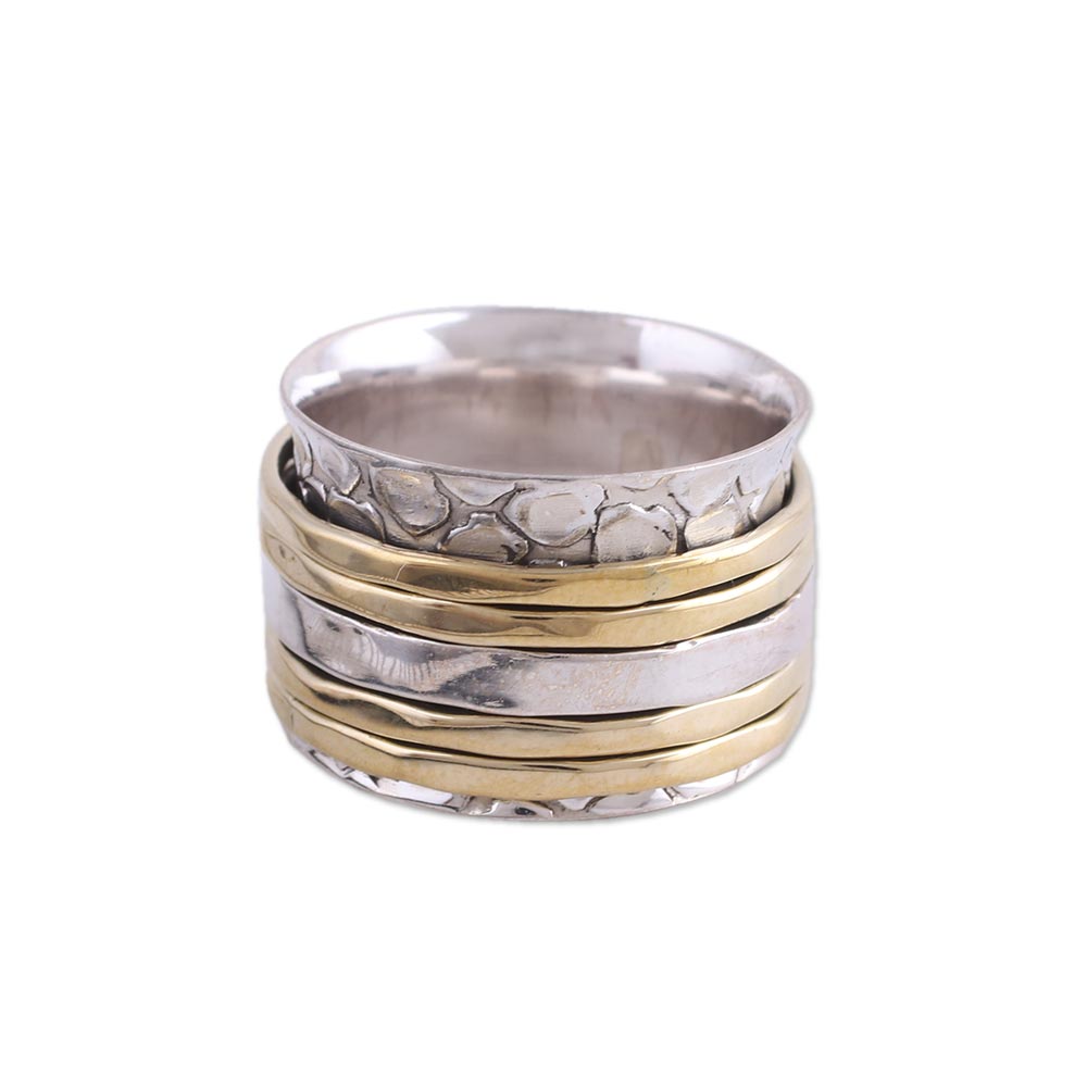 Five Rotations Handmade Sterling Silver and Brass Spinner Ring from India