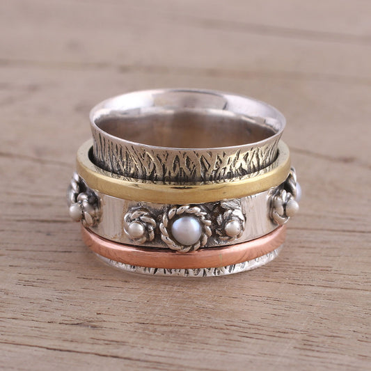 Spinning Blossom Handcrafted Sterling Silver Meditation Ring with Pearl