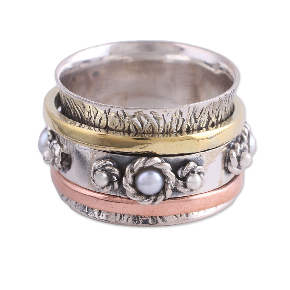 Spinning Blossom Handcrafted Sterling Silver Meditation Ring with Pearl