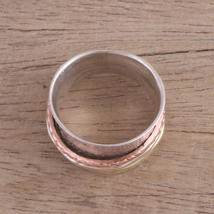 Stylish Textures Sterling Silver India Meditation Ring with Copper and Brass