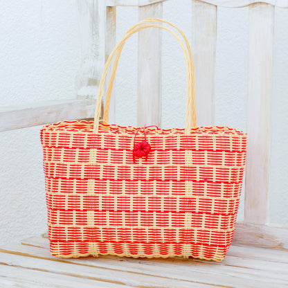 Delightful Day in Strawberry Handwoven Recycled Plastic Tote in Strawberry and Cornsilk