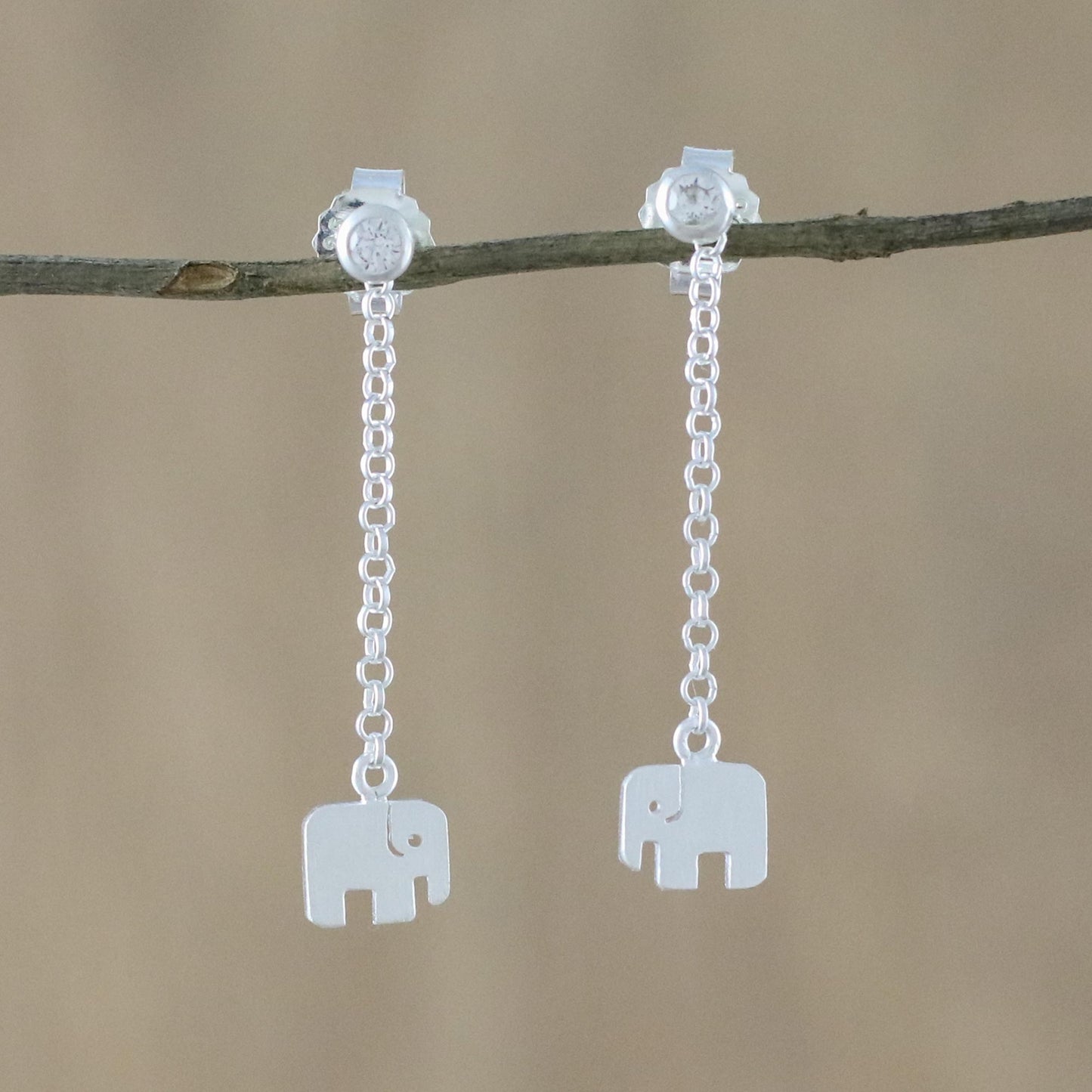 Cute Elephants Sterling Silver Elephant Chain Dangle Earrings from Thailand