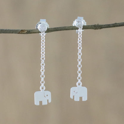 Cute Elephants Sterling Silver Elephant Chain Dangle Earrings from Thailand