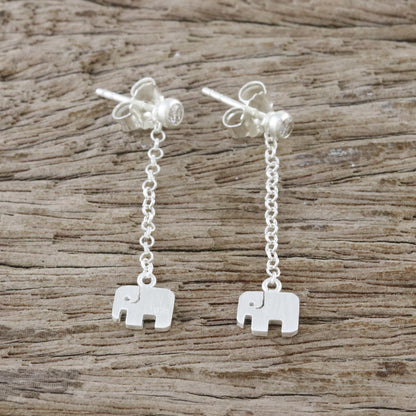 Cute Elephants Sterling Silver Elephant Chain Dangle Earrings from Thailand