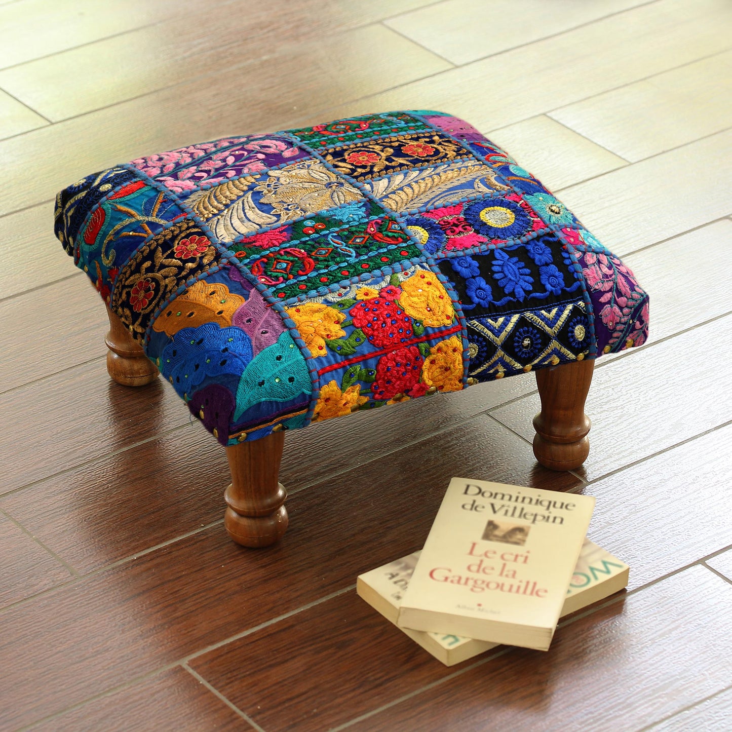 Lapis Patchwork Fair Trade Embellished Ottoman Foot Stool from India