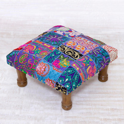 Lapis Patchwork Fair Trade Embellished Ottoman Foot Stool from India