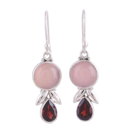 Radiant Gleam Garnet and Pink Chalcedony Dangle Earrings from India