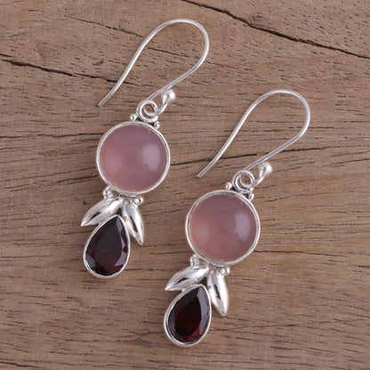 Radiant Gleam Garnet and Pink Chalcedony Dangle Earrings from India