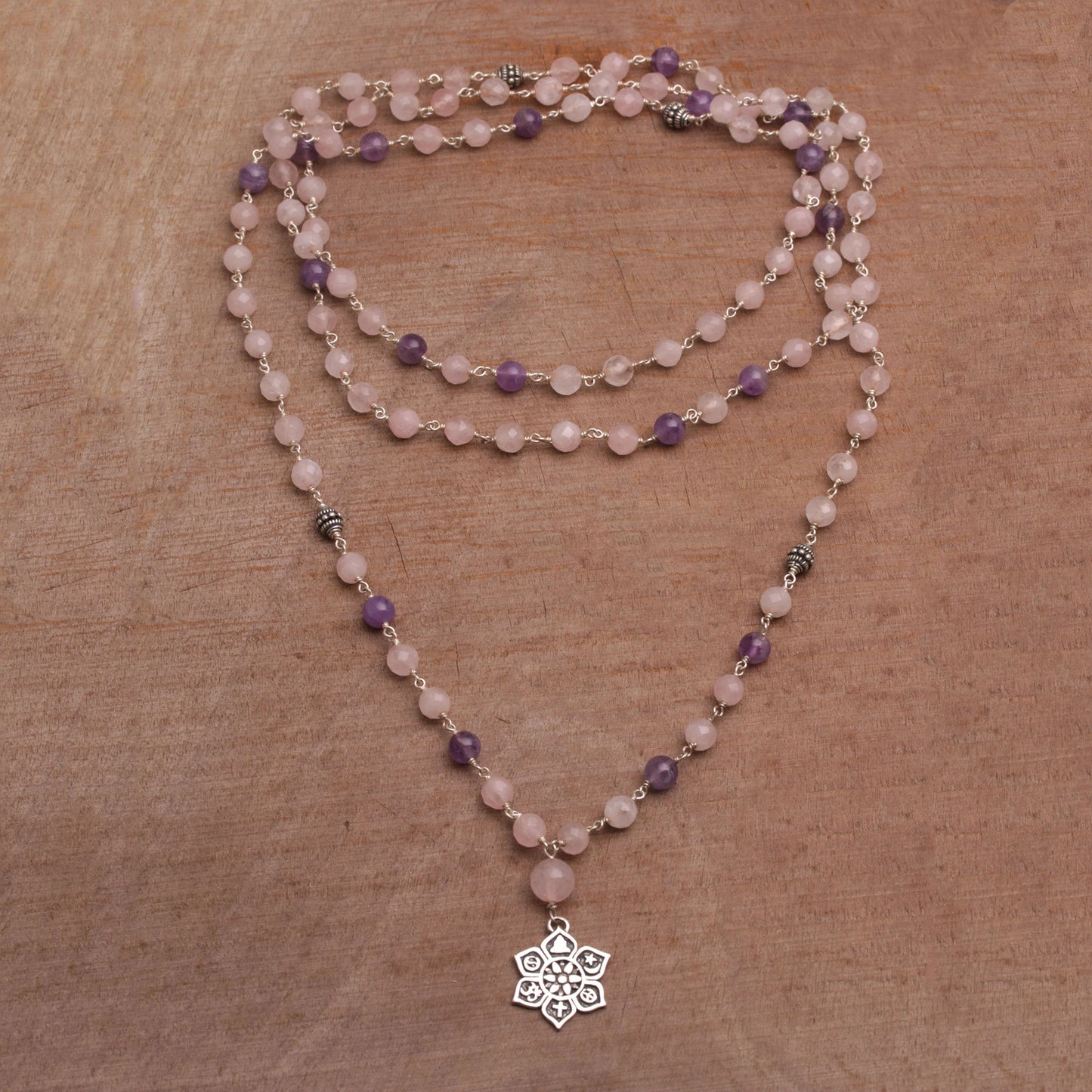 Unity in Meditation Floral Rose Quartz and Amethyst Pendant Necklace from Bali