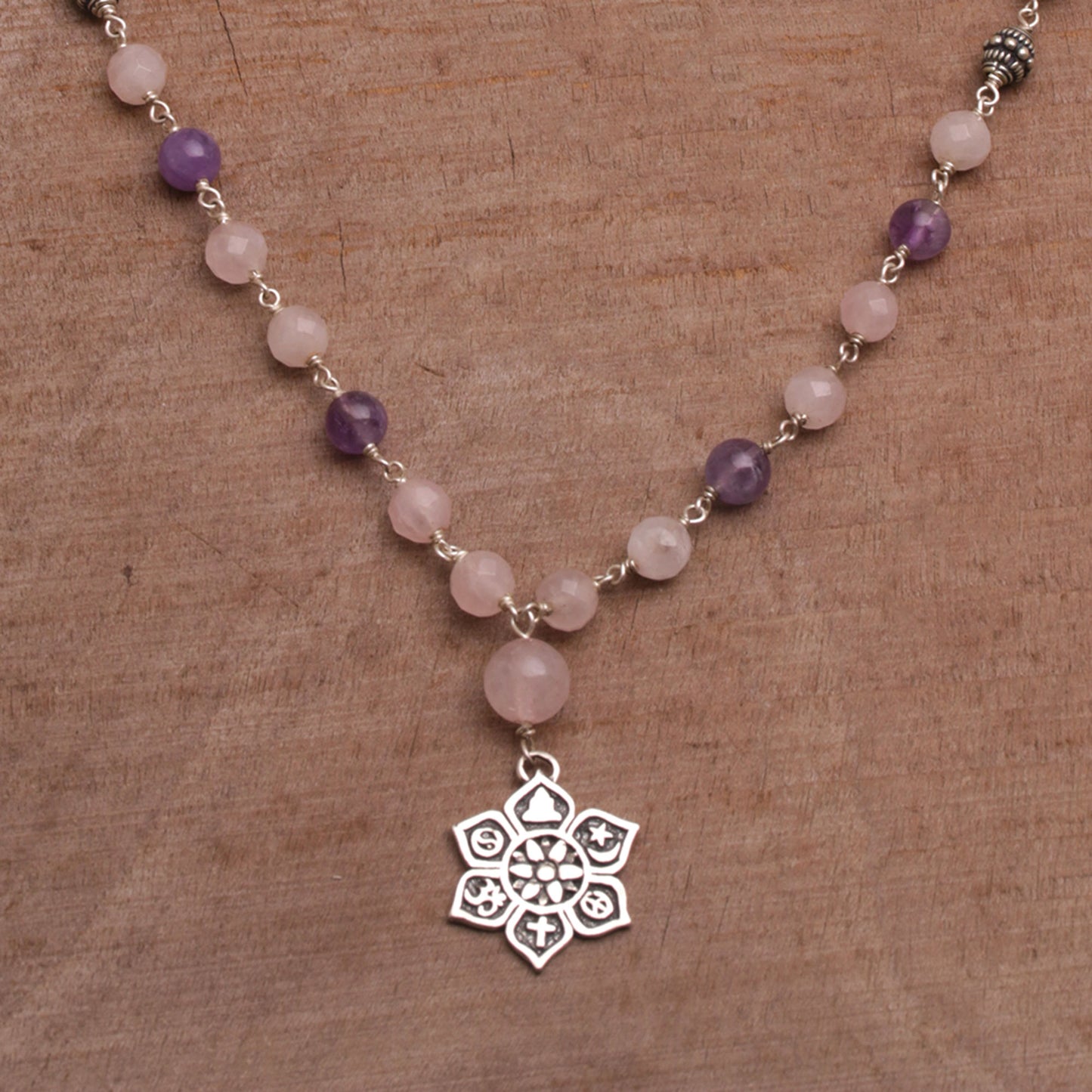 Unity in Meditation Floral Rose Quartz and Amethyst Pendant Necklace from Bali