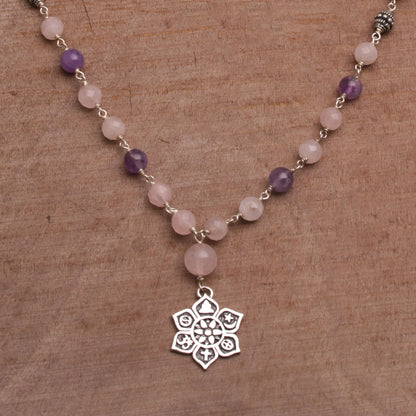 Unity in Meditation Floral Rose Quartz and Amethyst Pendant Necklace from Bali