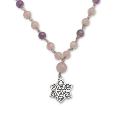 Unity in Meditation Floral Rose Quartz and Amethyst Pendant Necklace from Bali