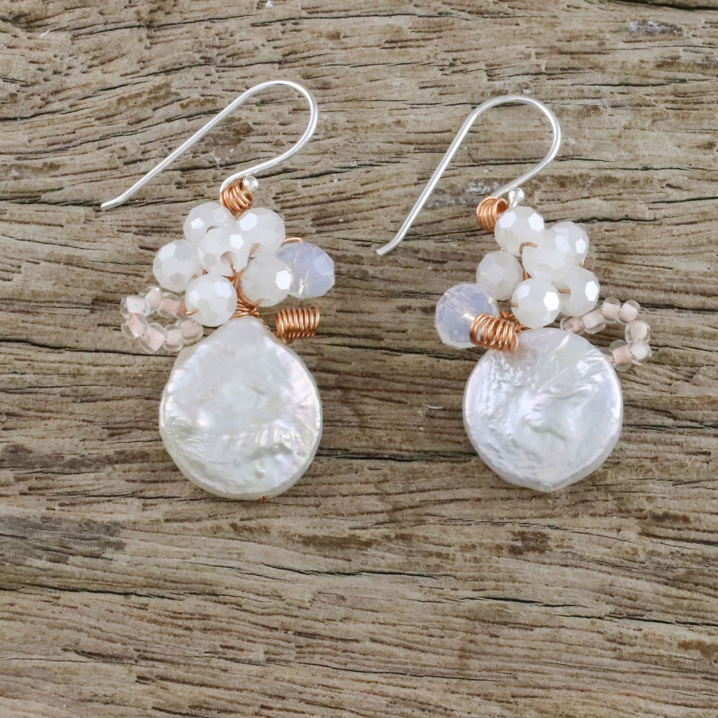 Night Glamour in White Cultured Pearl and Glass Dangle Earrings from Thailand