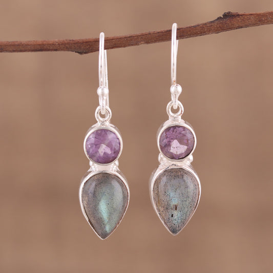 Dazzling Alliance Labradorite and Amethyst Dangle Earrings from India