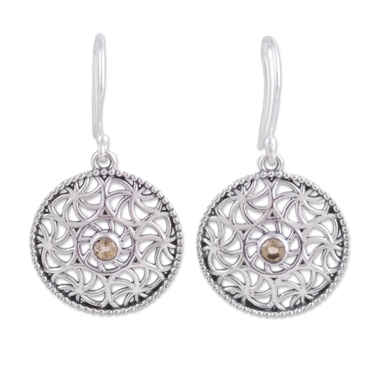 Circular Stars Citrine Openwork Dangle Earrings from India