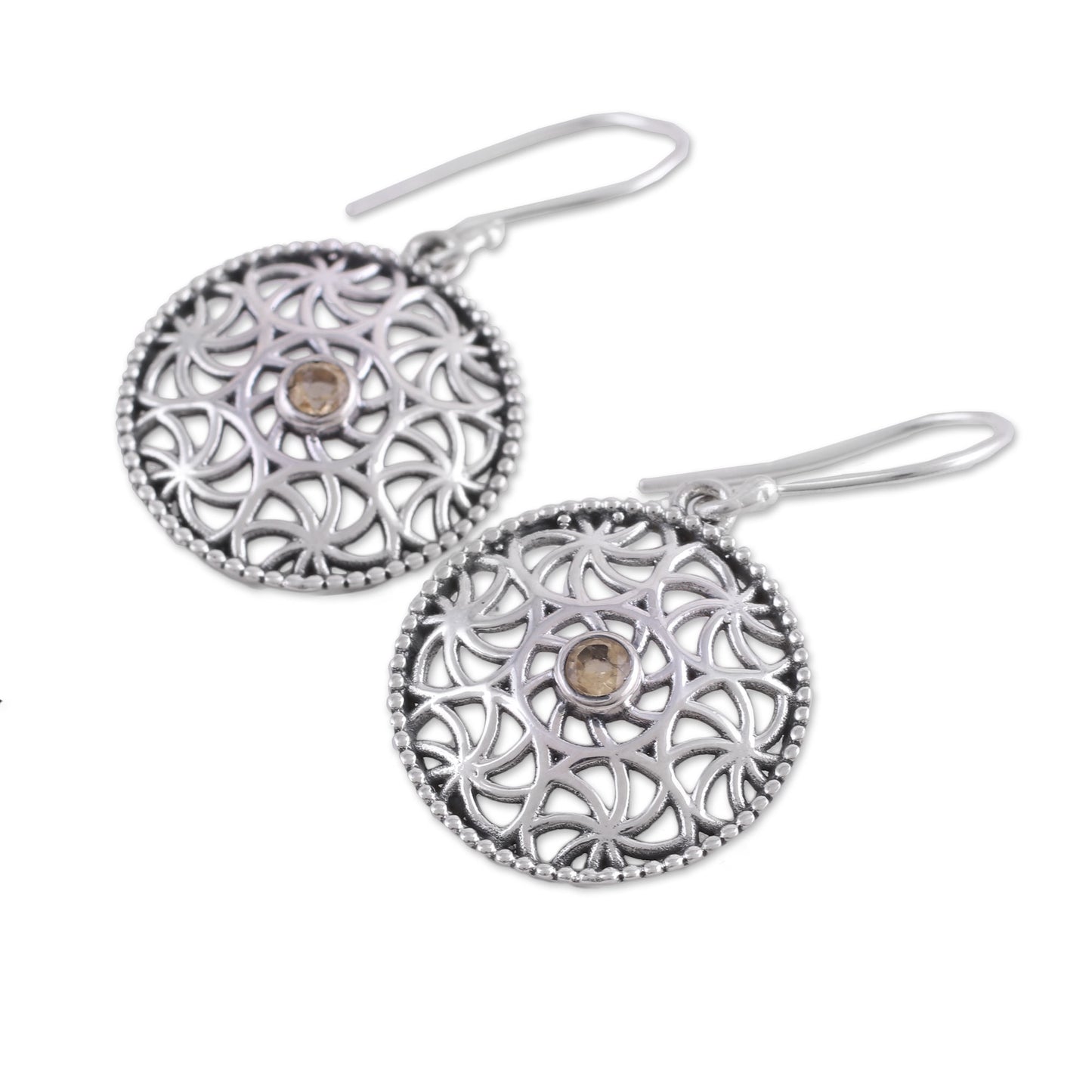 Circular Stars Citrine Openwork Dangle Earrings from India