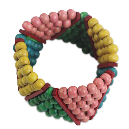 Dynamic Color Colorful Wood Bead Stretch Bracelet Hand Made West Africa