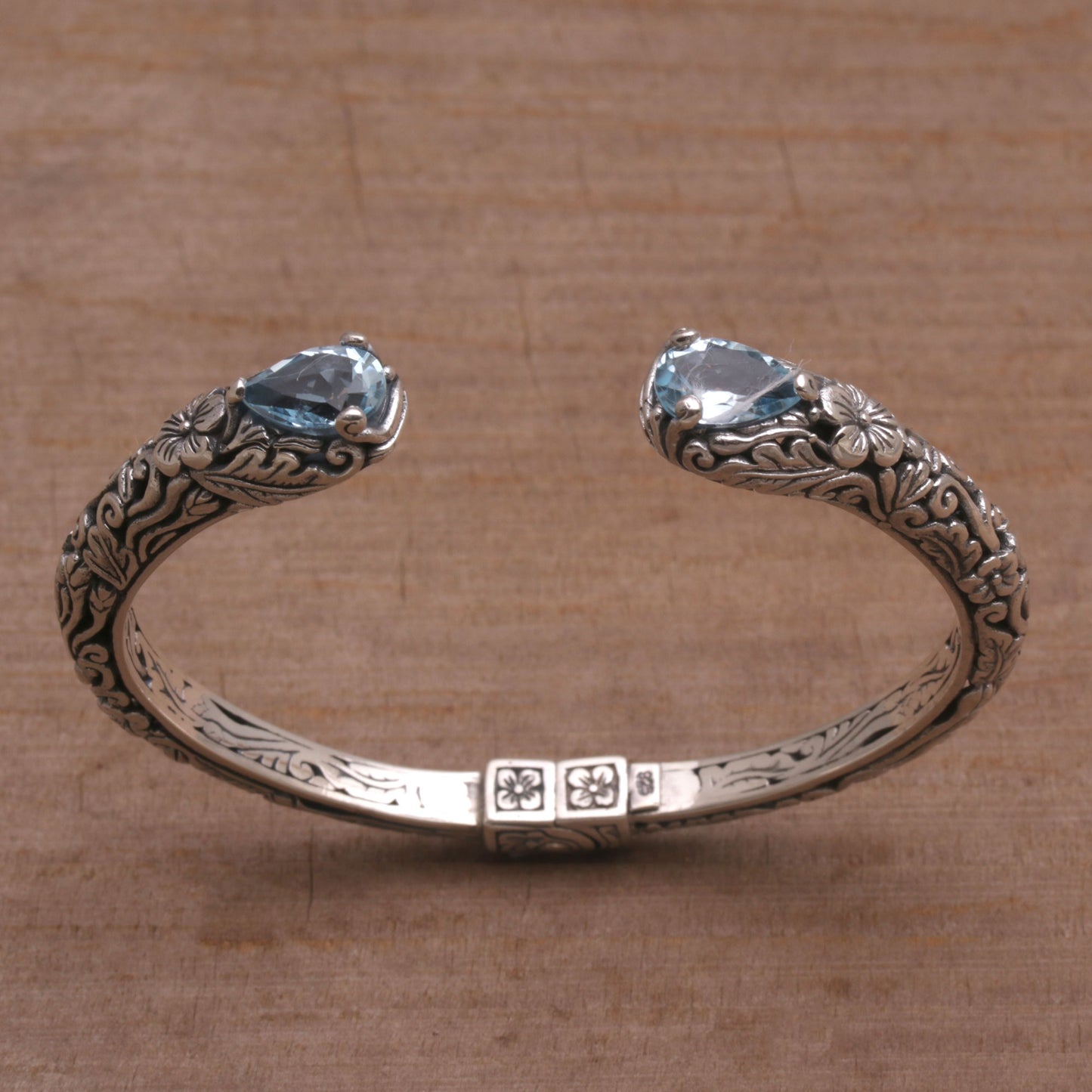 Transcendent Forest Floral Blue Topaz and Silver Cuff Bracelet from Bali