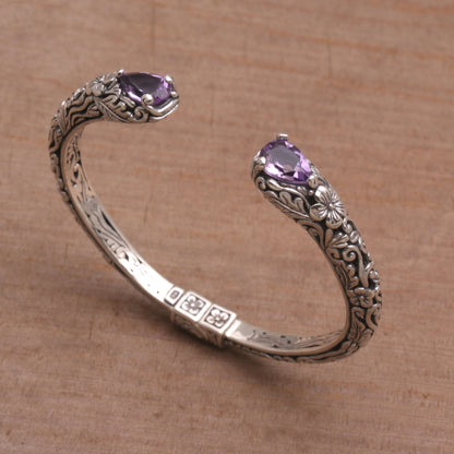 Transcendent Forest Floral Amethyst and Silver Cuff Bracelet from Bali