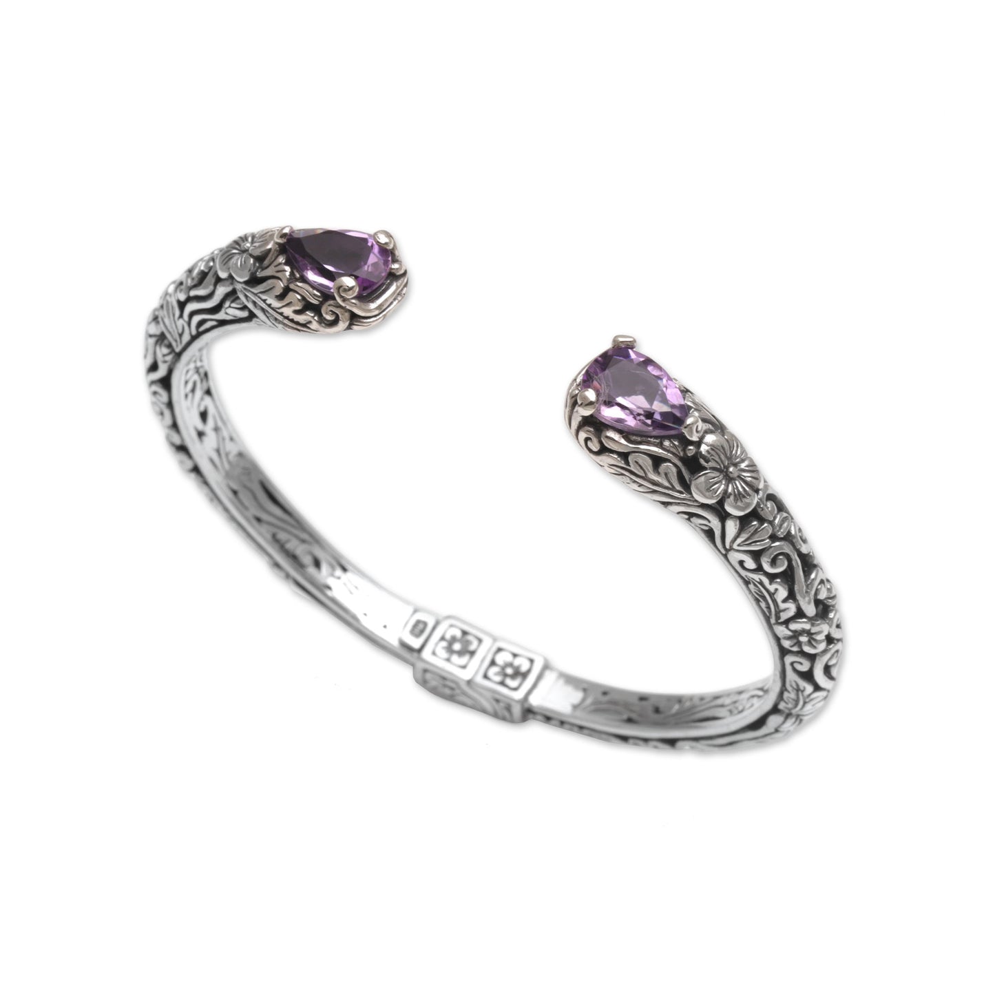 Transcendent Forest Floral Amethyst and Silver Cuff Bracelet from Bali