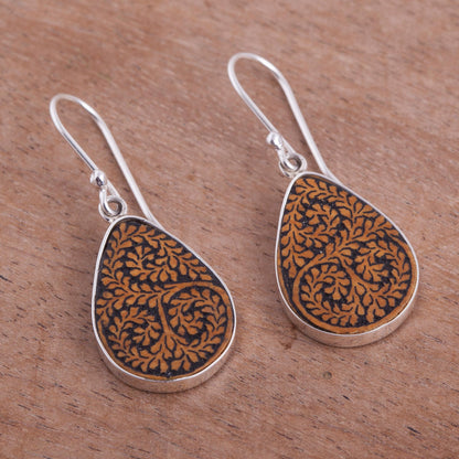 Enchanted Copse Leafy Sterling Silver and Pumpkin Shell Earrings from Peru