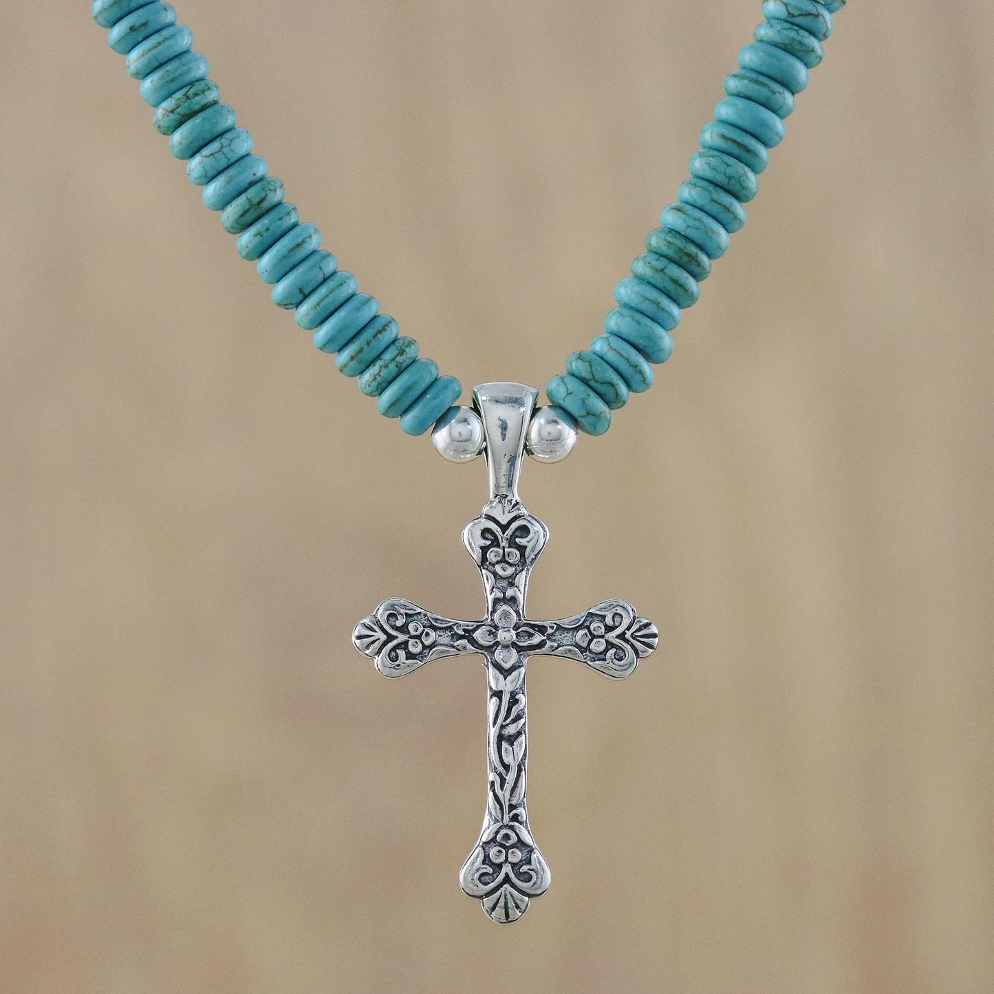 Sacred Belief Cross Pendant Necklace on Beaded Calcite Strand