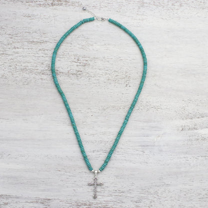 Sacred Belief Cross Pendant Necklace on Beaded Calcite Strand