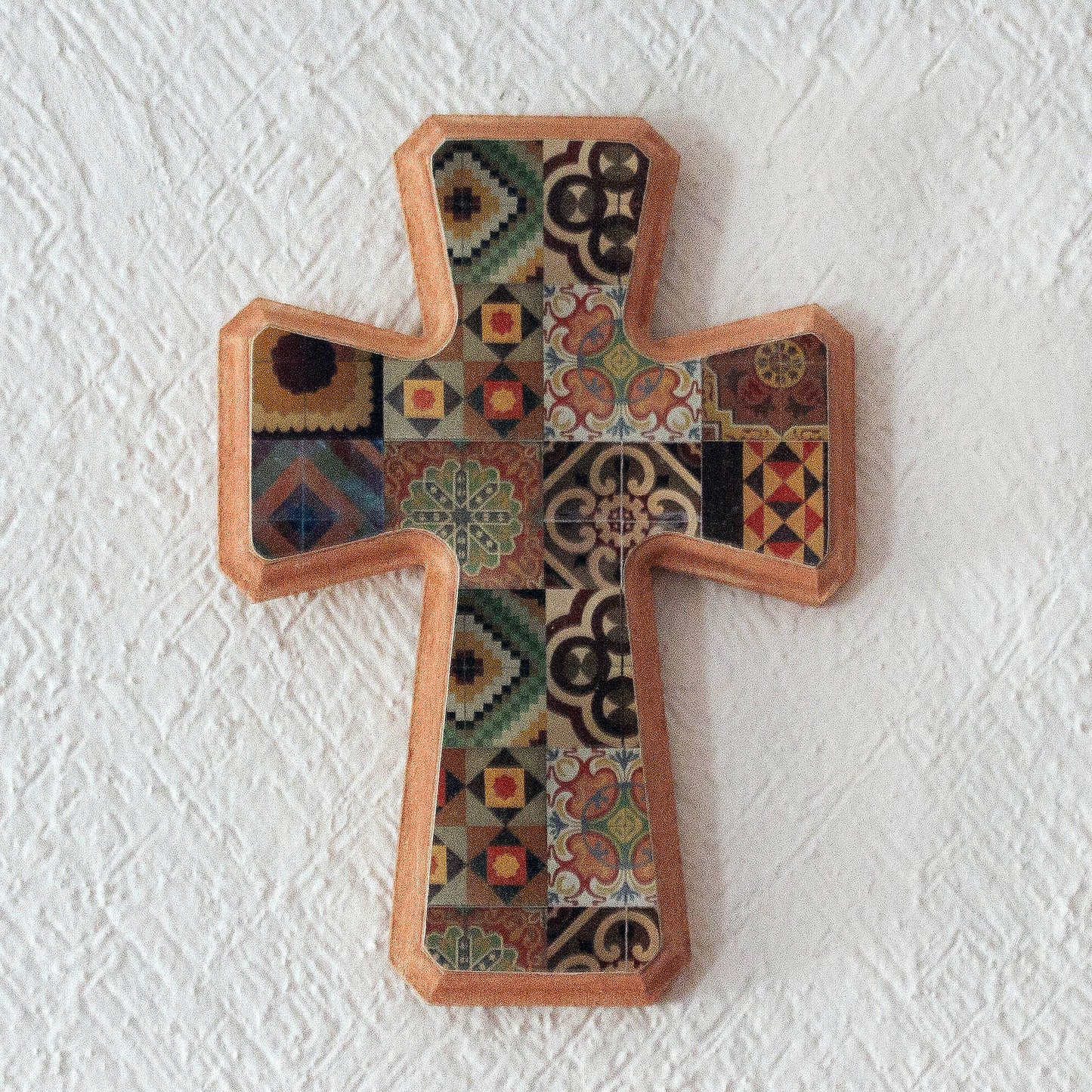 Puebla Heritage Handcrafted Decoupage Wall Cross with Puebla Tile Motifs