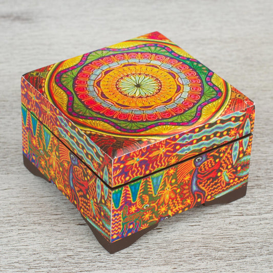 Huichol Mandala Petite Pinewood Decoupage Box with Huichol Icons