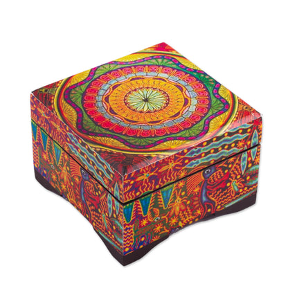 Huichol Mandala Petite Pinewood Decoupage Box with Huichol Icons