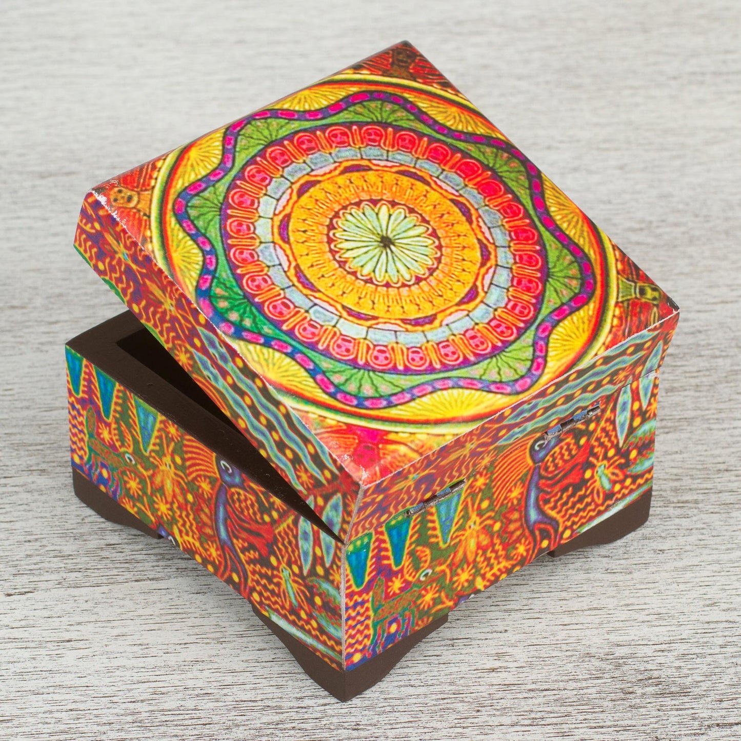 Huichol Mandala Petite Pinewood Decoupage Box with Huichol Icons