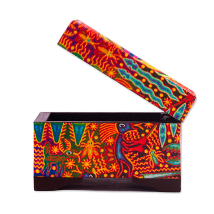 Huichol Mandala Petite Pinewood Decoupage Box with Huichol Icons