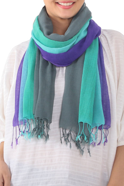 Meadow Breeze Fringed Striped Cotton Wrap Scarves from Thailand (Pair)