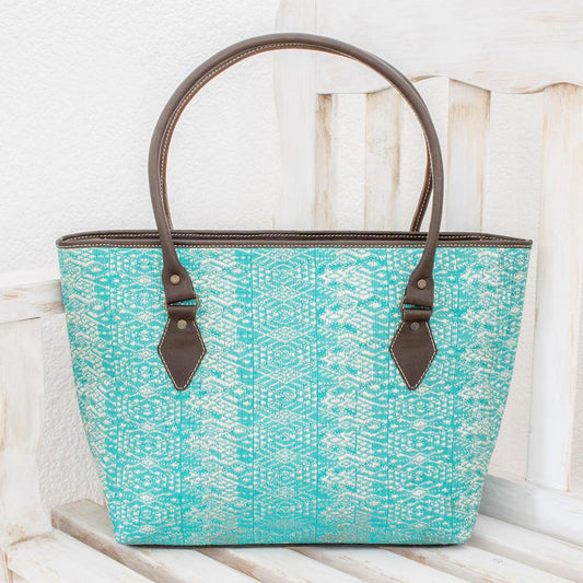 Guatemalan Ikat Guatemalan Leather Accent Cotton Shoulder Bag in Turquoise