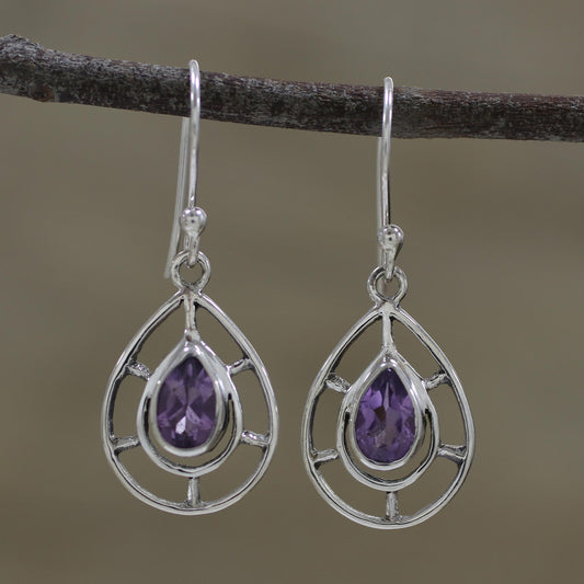 Droplet Spokes Faceted Amethyst Droplet Dangle Earrings from India