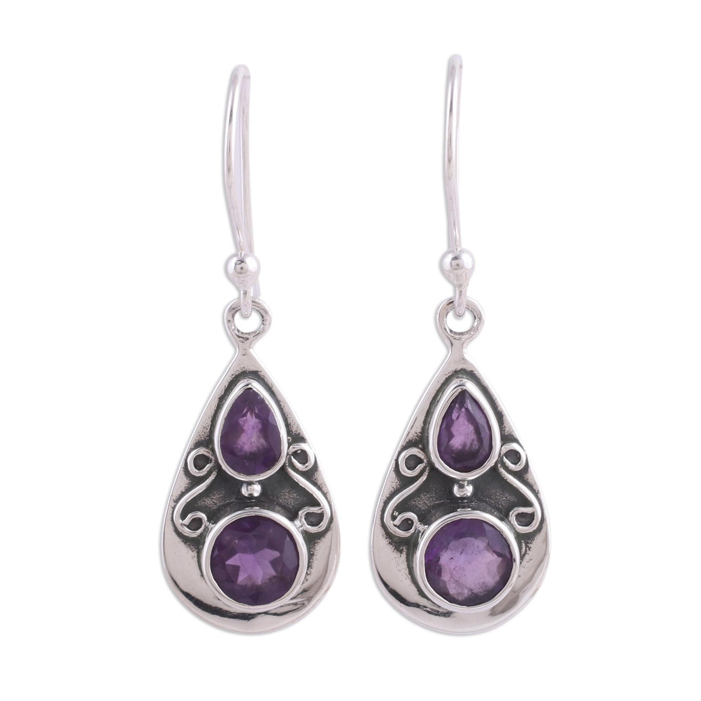 Complex Drops Drop-Shaped Amethyst Dangle Earrings from India