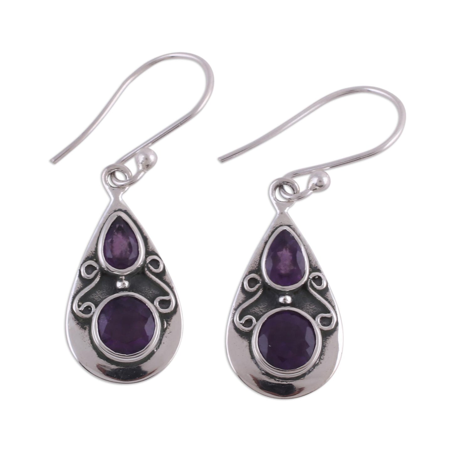 Complex Drops Drop-Shaped Amethyst Dangle Earrings from India