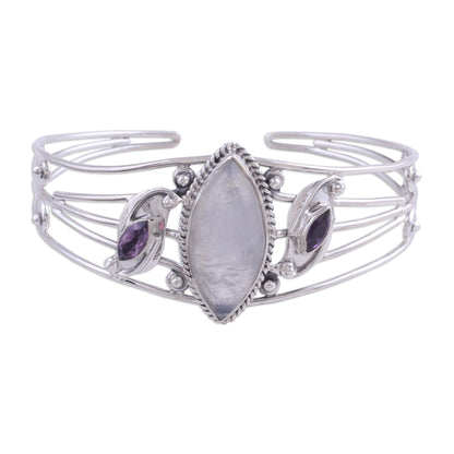 Feminine Glow Rainbow Moonstone and Amethyst Cuff Bracelet from India