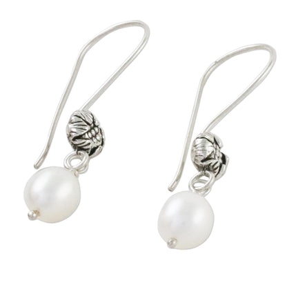 Emerging Buds White Cultured Pearl Flower Dangle Earrings