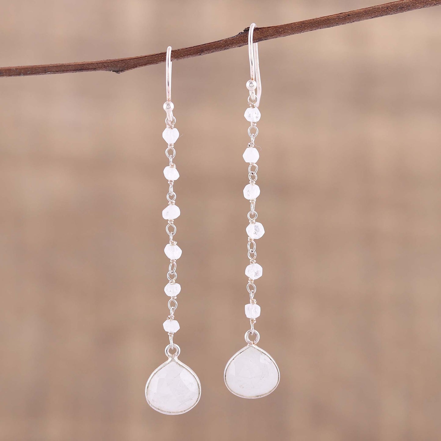 Morning Drops Rainbow Moonstone Teardrop Dangle Earrings from India